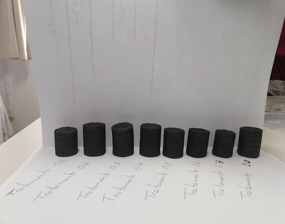 Fotografia de 8 amostras de carvão com diferentes tratamentos em um fundo branco.