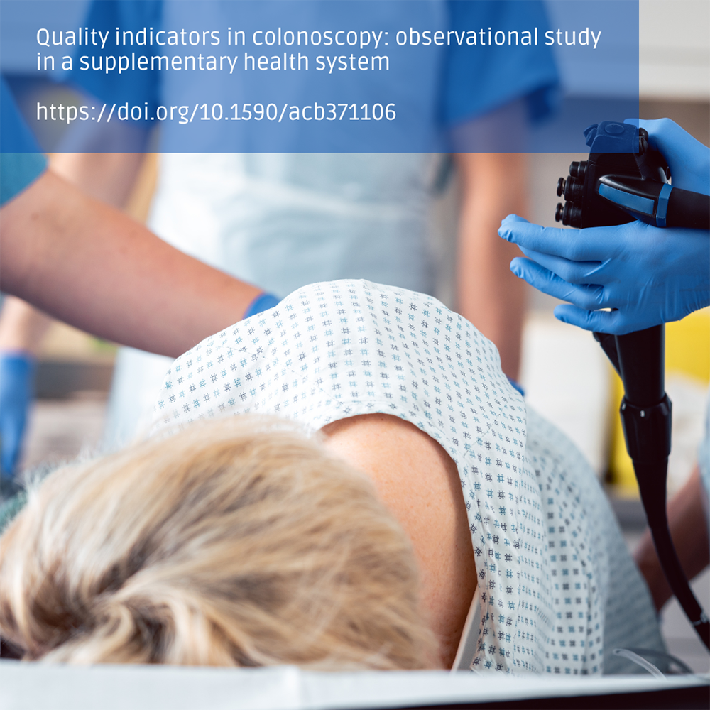 Composition: photo of a person lying down being seen by three health professionals. Blue frame in the upper left corner with the text "Quality indicators in colonoscopy: Observational study in a supplementary health system" and link.