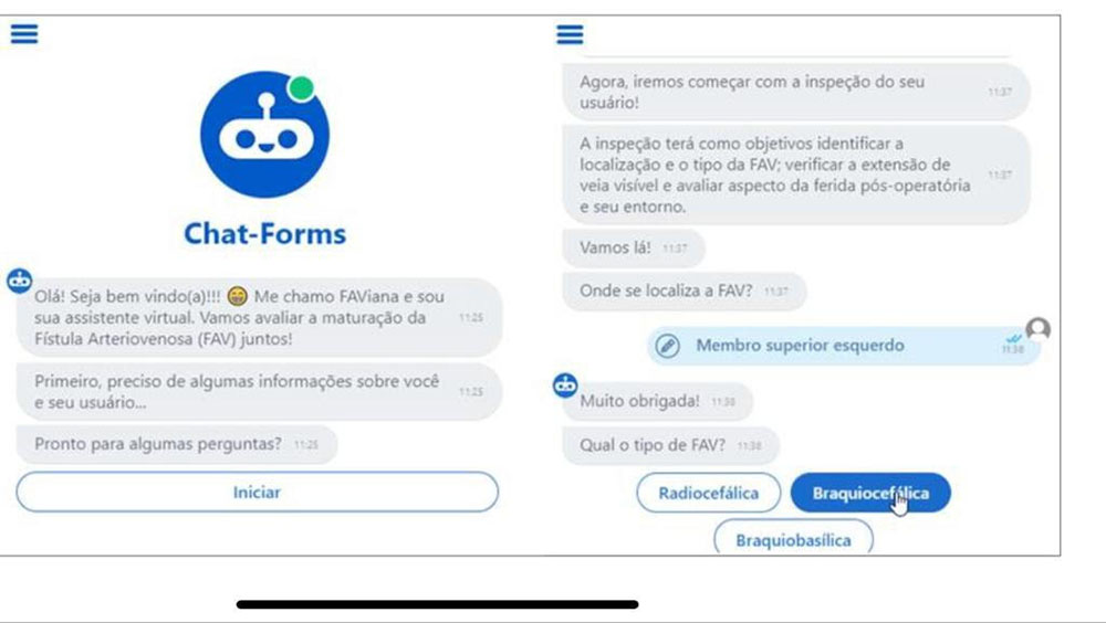 Two screenshots of a conversation with the FAViana chatbot arranged side by side. On the left, the chat logo, a smiling robot. In the text, the virtual assistant introduces herself and asks the person some information about arteriovenous fistulas.