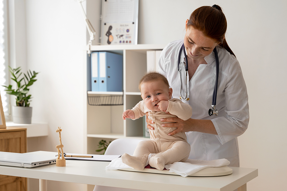 Photo: A doctor is holding a baby on an office table. She is smiling and looking at the baby. Baby looks at the camera and seems to bite a finger.