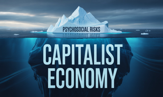 Image of an iceberg representing that psychosocial risks are manifestations of a capitalist economy. Image of an iceberg representing that psychosocial risks are manifestations of a capitalist economy.