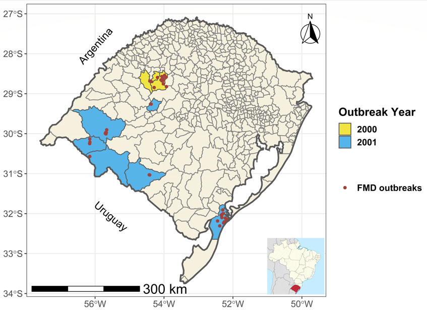Map showing the distribution of two FMD outbreaks in Rio Grande do Sul, Brazil. The municipalities involved in the outbreaks are represented by yellow (2000) and blue (2001) areas. The locations of infected farms are represented by red dots. - SciELO in Perspective | Press Releases Map showing the distribution of two FMD outbreaks in Rio Grande do Sul, Brazil. The municipalities involved in the outbreaks are represented by yellow (2000) and blue (2001) areas. The locations of infected farms are represented by red dots.