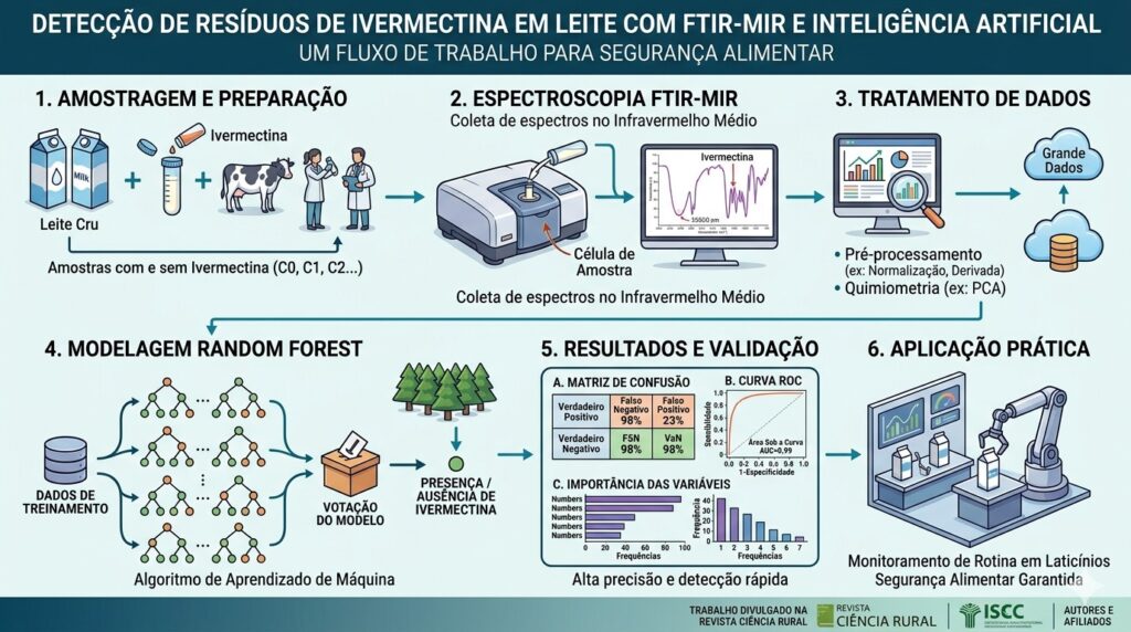 Illustration of the method for detecting ivermectin residues in milk using FTIR-MIR and artificial intelligence. - SciELO in Perspective | Press Releases Illustration of the method for detecting ivermectin residues in milk using FTIR-MIR and artificial intelligence.