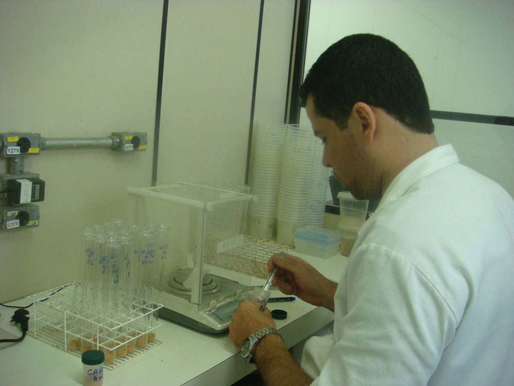 Foto de um homem em um laboratório. Ele está diante de uma mesa com um equipamento e uma grade com vários tubos. Ele segura um dos tubos e utiliza uma ferramenta dentro do recipiente.