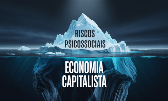Imagem de um iceberg representando que os riscos psicossociais são manifestações de uma economia capitalista. Imagem de um iceberg representando que os riscos psicossociais são manifestações de uma economia capitalista.