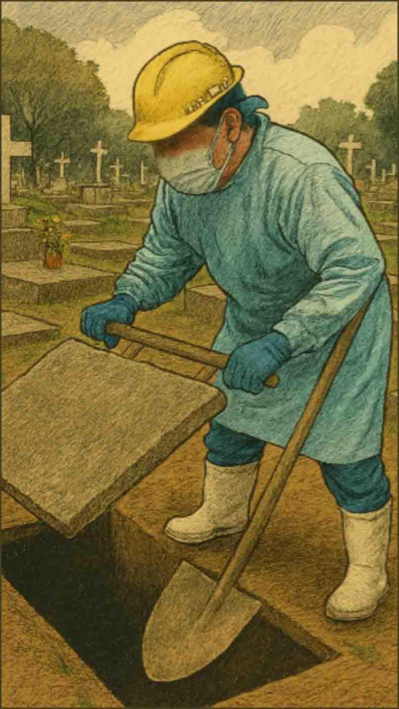 Ilustração representando um trabalhador de serviço funerário durante pandemia da Covid-19 Ilustração representando um trabalhador de serviço funerário durante pandemia da Covid-19
