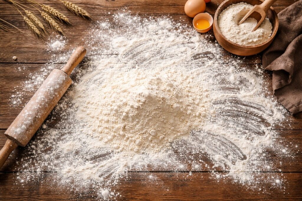 Imagem de ingredientes para panificação espalhados sobre uma mesa de madeira rústica, com farinha espalhada, um rolo de massa, ovos e um pano.