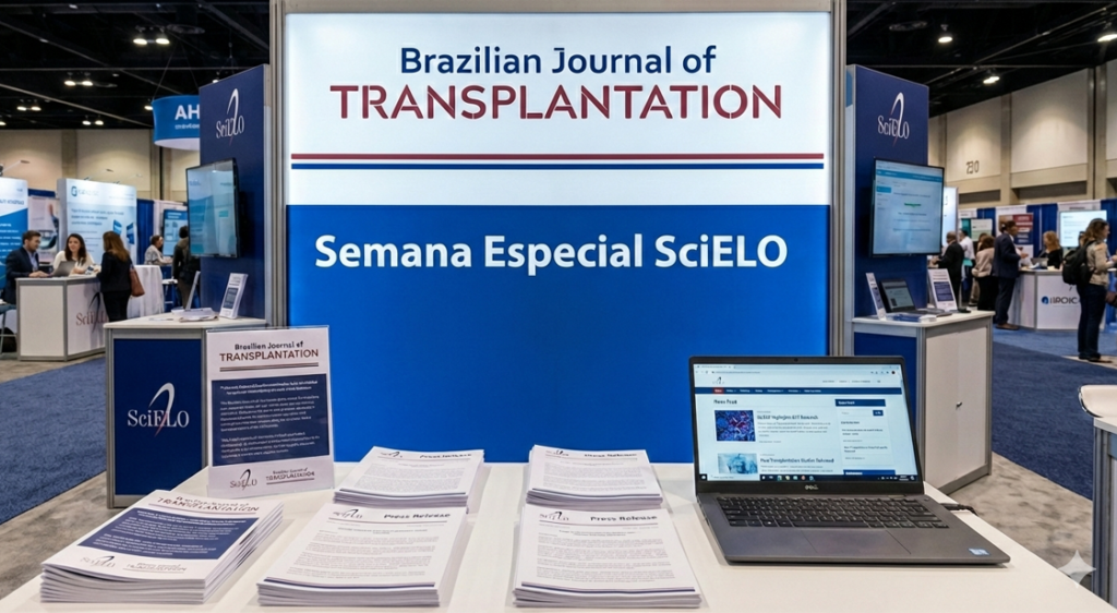 Imagem representando a Semana Especial do BJT no SciELO por meio de um estande com a logo do periódico.