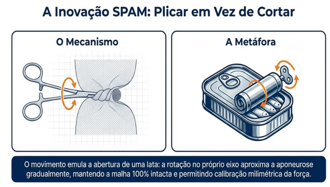 Ilustração técnica e educativa compara um procedimento cirúrgico inovador com a mecânica simples de abrir uma lata, ilustrando como o método preserva a integridade dos tecidos biológicos. • SciELO em Perspectiva | Press Releases Ilustração técnica e educativa compara um procedimento cirúrgico inovador com a mecânica simples de abrir uma lata, ilustrando como o método preserva a integridade dos tecidos biológicos.