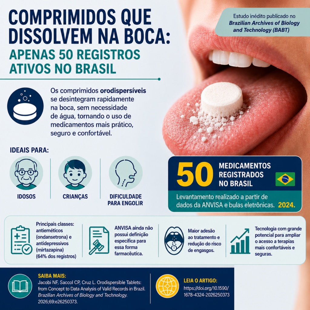 Imagem de um infográfico informativo que detalha a existência e os benefícios de comprimidos orodispersíveis no Brasil, utilizando elementos visuais e textuais para explicar sua rápida dissolução bucal.