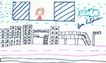 Horizontal rectangular photo. Drawing of a child. On top light blue strokes indicating the sky, two squares with dark blue diagonal lines and a girl in the middle, buildings, a bridge, a sign, a street with lines in the middle in pink.