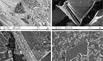 Four microscopic images of biotite, a mineral. In all four images, something that looks like a plate of broken glass at different angles.