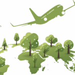 Digital illustration depicting a map with trees on the ground and a plane with two drones flying.