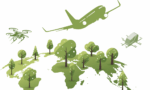 Digital illustration depicting a map with trees on the ground and a plane with two drones flying.