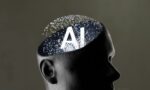 Illustration of an open head. In place of the brain, there is the word "AI" amidst a whirlwind of shimmering lights.