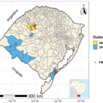 Map showing the distribution of two FMD outbreaks in Rio Grande do Sul, Brazil. The municipalities involved in the outbreaks are represented by yellow (2000) and blue (2001) areas. The locations of infected farms are represented by red dots. - SciELO in Perspective | Press Releases Map showing the distribution of two FMD outbreaks in Rio Grande do Sul, Brazil. The municipalities involved in the outbreaks are represented by yellow (2000) and blue (2001) areas. The locations of infected farms are represented by red dots.