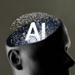 Ilustración de una cabeza abierta. En lugar del cerebro, aparece la palabra "IA" en medio de un torbellino de luces centelleantes. - SciELO en Perspectiva | Press Releases Profile silhouette of a head with 'AI' glowing inside the brain area and floating particles, symbolizing artificial intelligence.