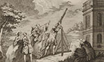 Quadro do século XVII em tons de sépia. Um grupo de pessoas está ao redor de um telescópio. Elas usam roupas típicas da época. No céu, um cometa rodeado por cinco estrelas.