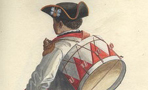 Aquarela retratando um músico militar negro, visto de costas, segurando duas baquetas na mão esquerda e carregando um instrumento de percussão nas costas.