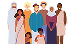 Ilustração de um grupo de pessoas (homens, mulheres e crianças) de diferentes etnias à frente de um fundo branco.