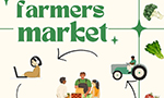 Ilustração de uma rede de mercados de agricultores, mostrando várias pessoas envolvidas na agricultura e na compra de produtos, ligadas por setas sobre um fundo quadriculado nas cores creme e verde.