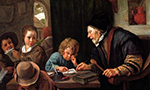 Uma pintura a óleo que retrata um professor idoso supervisionando jovens estudantes em uma sala de aula rústica enquanto eles escrevem e leem livros.