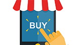 Ilustração de um tablet com toldo listrado no topo exibindo a palavra "BUY" (comprar, em português) na tela. Uma mão aponta para a tela, sugerindo uma compra online.