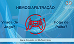 Ilustração de um controle de videogame vermelho desenhado sem preenchimento, com duas setas formando um círculo ao seu redor. O fundo é azul com figuras abstratas em tons de azul e vermelho, lembrando veias. Acima do controle, lê-se "Hemodiafiltração". À esquerda do controle, está escrito "Virada de Jogo?" e à direita, "Fogo de Palha?". Na parte inferior, há uma faixa azul clara com a inscrição "Siga a discussão no @BJNephrology". No canto superior direito da imagem, está o logo do periódico Brazilian Journal of Nephrology.