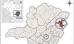 Mapa de Minas Gerais, no Brasil, mostrando a área de intervenção abrangida pelo estudo. Duas áreas estão destacadas com círculos: a cidade de Belo Horizonte e uma área que corresponde a alguns municípios específicos, cujos nomes estão listados na parte inferior e à direita da imagem.