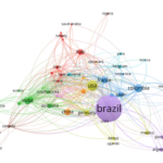 Mapa bibliométrico das redes de coautoria nos países no período 2001-2020. O tamanho dos círculos e a espessura das linhas indicam a maior expressão dos indicadores. As cores indicam agrupamentos entre as equipes de pesquisa.