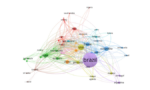 Mapa bibliométrico das redes de coautoria nos países no período 2001-2020. O tamanho dos círculos e a espessura das linhas indicam a maior expressão dos indicadores. As cores indicam agrupamentos entre as equipes de pesquisa.