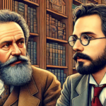 Imagem de Mikhail Bakhtin e Umberto Eco em conversação em ambiente acadêmico, gerada por inteligência artificial.