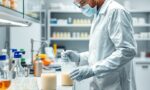 Fotografia de um homem de jaleco, luvas, máscara e touca branca em um laboratório.