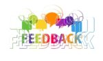 Imagem com a palavra "feedback" escrita e ícones de balão de fala. as letras da palavra estão em degradê de verde, vermelho, roxo, amarelo e azul