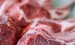 Fotografia de vários pedaços de carne crus colocados em uma superfície. A fotografia foca apenas em um dos pedaços